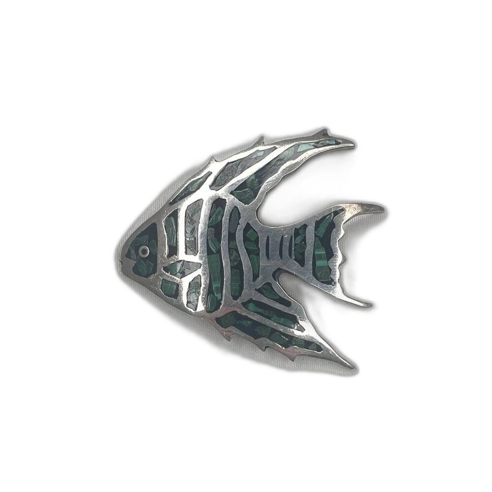 Vintage 925 Stamped Sterling Silver Green & Black Mexican Angel Fish Brooch